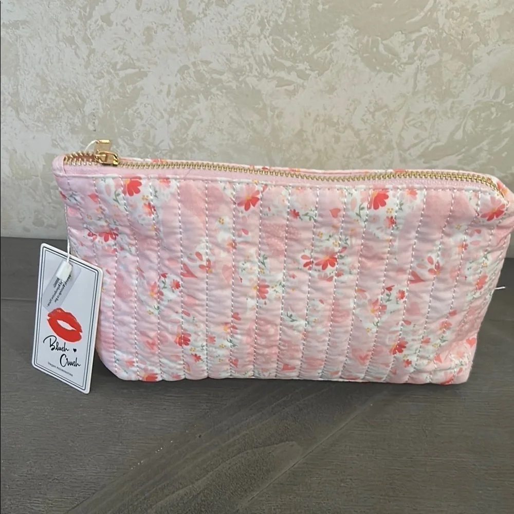 Pink and Red Quilted Cosmetic Bag with Gold Zipper